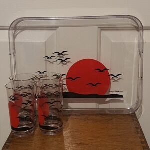 Vintage Edgar Watkins 1985 Thermo-Serv MCM Acrylic Seagull Moon Tray & 4 Cups